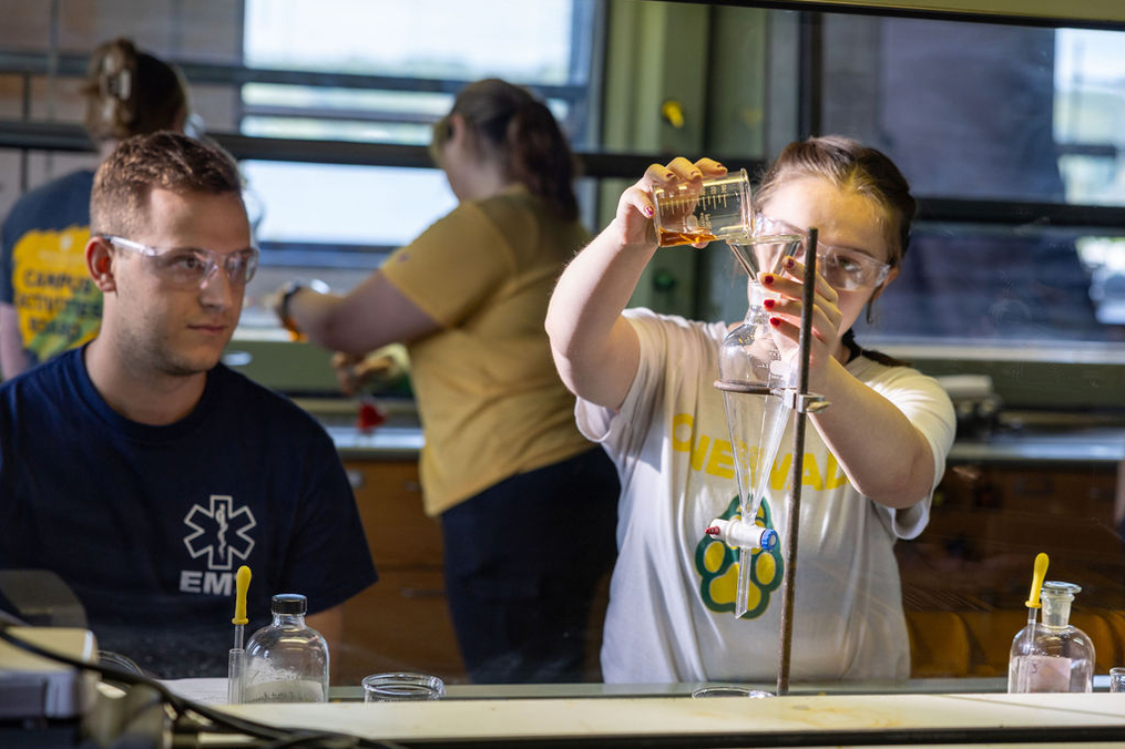 A student wearing safety glasses works inside a chemistry lab fume hood, carefully pouring liquid into a separatory funnel clamped to a stand. Laboratory glassware, beakers, and bottles are arranged on the work surface as the student focuses on the experiment. Sunlight from nearby windows illuminates the lab.